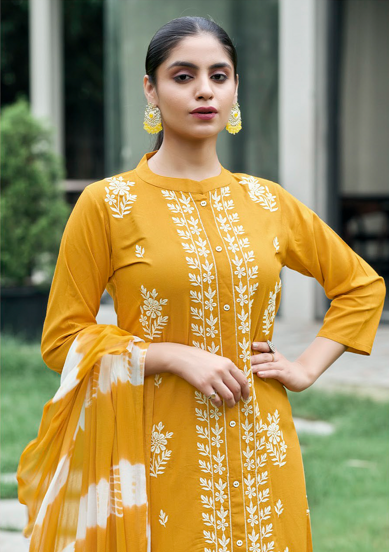 Mustard Yellow Rayon Lucknawi Style Kurta