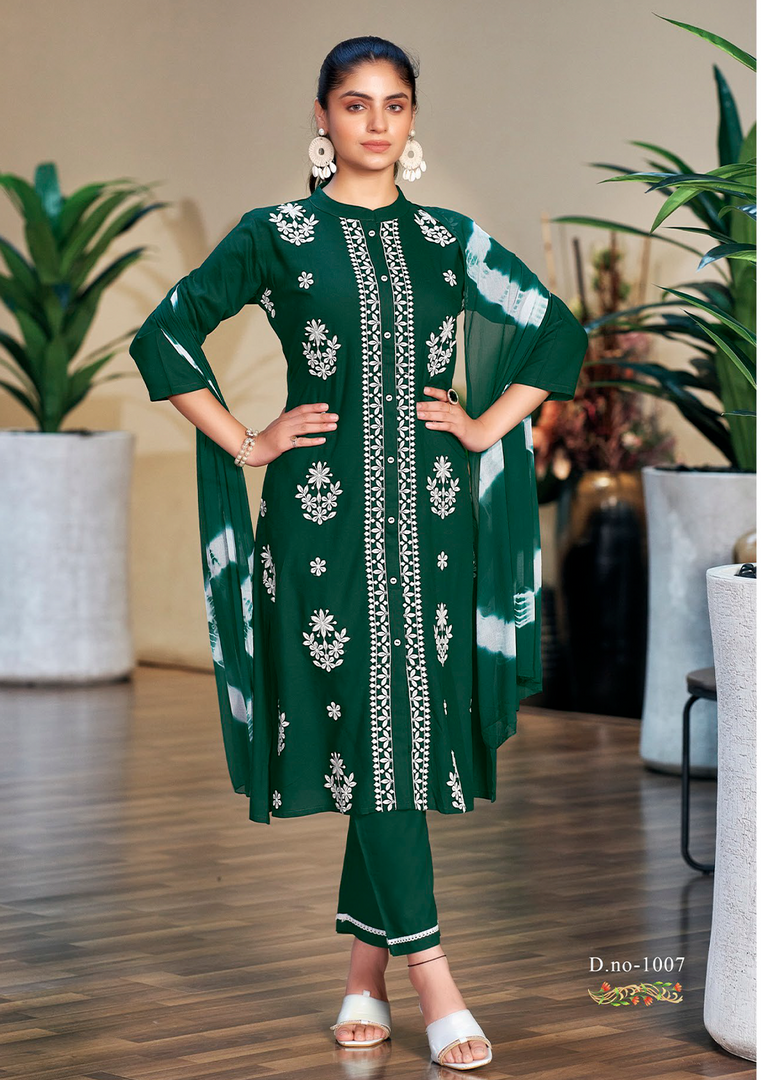 Green Rayon Lucknawi Style Kurta