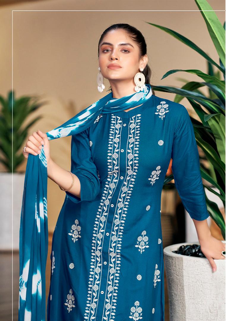 Royal Blue Rayon Lucknawi Style Kurta