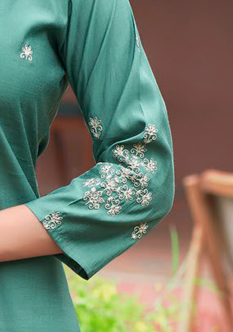 Teal Green Fancy Embroidery Kurti