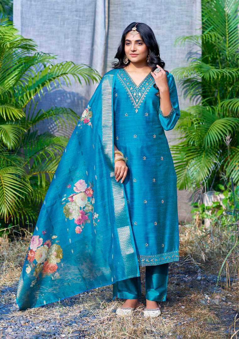 Blue Bangalore Silk with Embroidery and Muslin Digital Print Dupatta