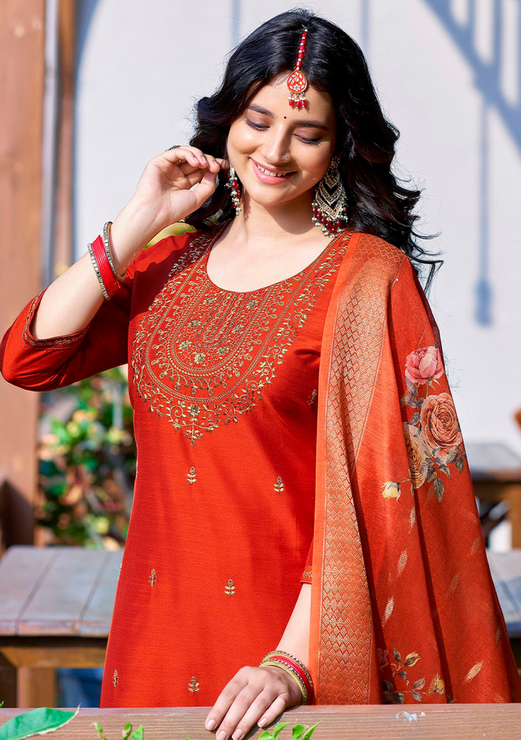 Orange Bangalore Silk with Embroidery and Muslin Digital Print Dupatta