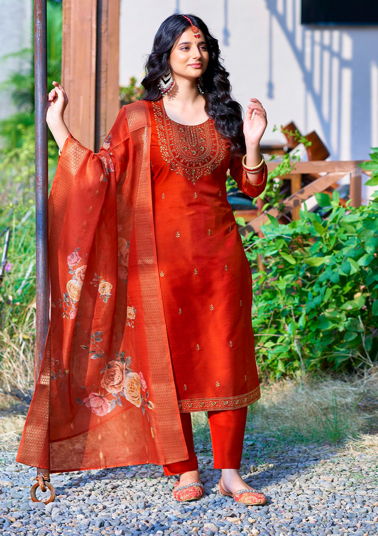 Orange Bangalore Silk with Embroidery and Muslin Digital Print Dupatta