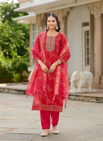 Load image into Gallery viewer, Red Berlin Foil suit with detailed embroidery and a Soft Organza Dupatta.
