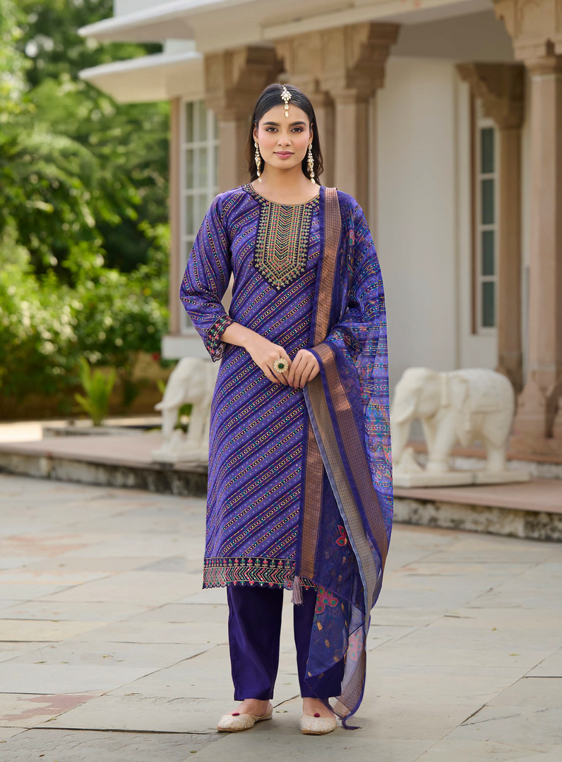 Royal Blue Outfit with Intricate Foil Prints and Embroidery