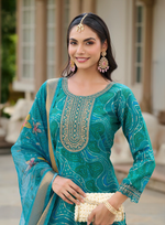 Load image into Gallery viewer, Fresh and Vibrant Turquoise with Delicate Embroidery and a Floral Organza Dupatta
