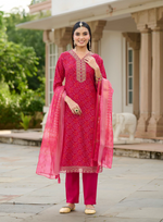 Load image into Gallery viewer, Rich Pink-Red Suit Designed with Intricate Embroidery and Foil Detailing
