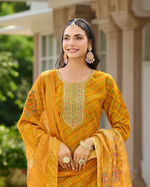 Load image into Gallery viewer, Mustard Yellow Berlin Foil Ensemble with Subtle Embroidery and An Airy Organza Dupatta

