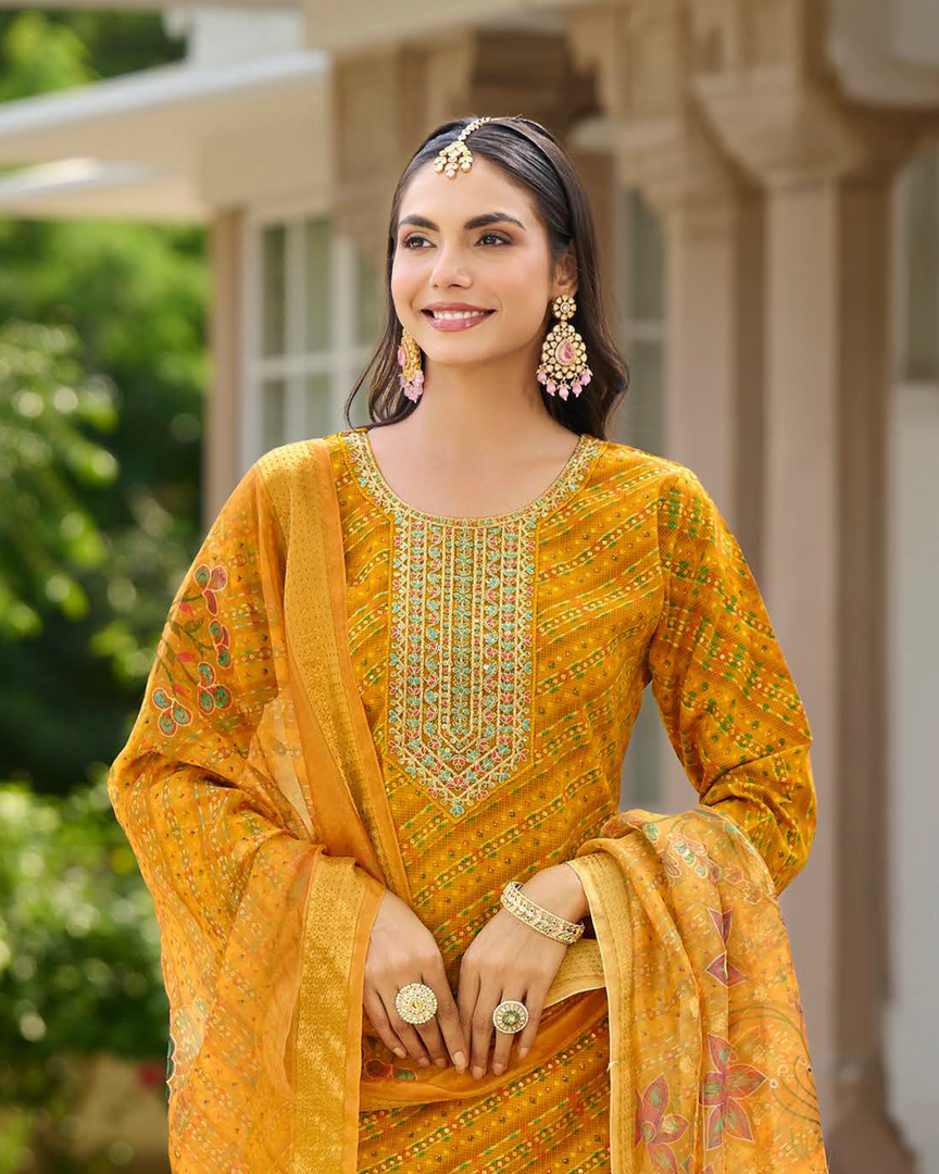 Mustard Yellow Berlin Foil Ensemble with Subtle Embroidery and An Airy Organza Dupatta